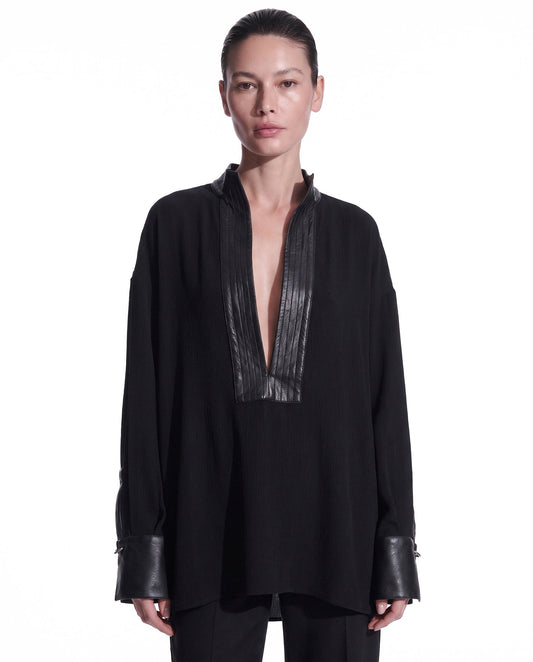 BLUSA OVERSIZE IN TESSUTO CREPE CON RIFINITURE IN ECOPELLE