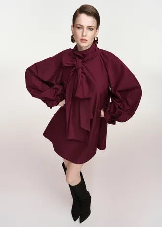 Burgundy oversized A-line mini dress with pussy-bow neckline