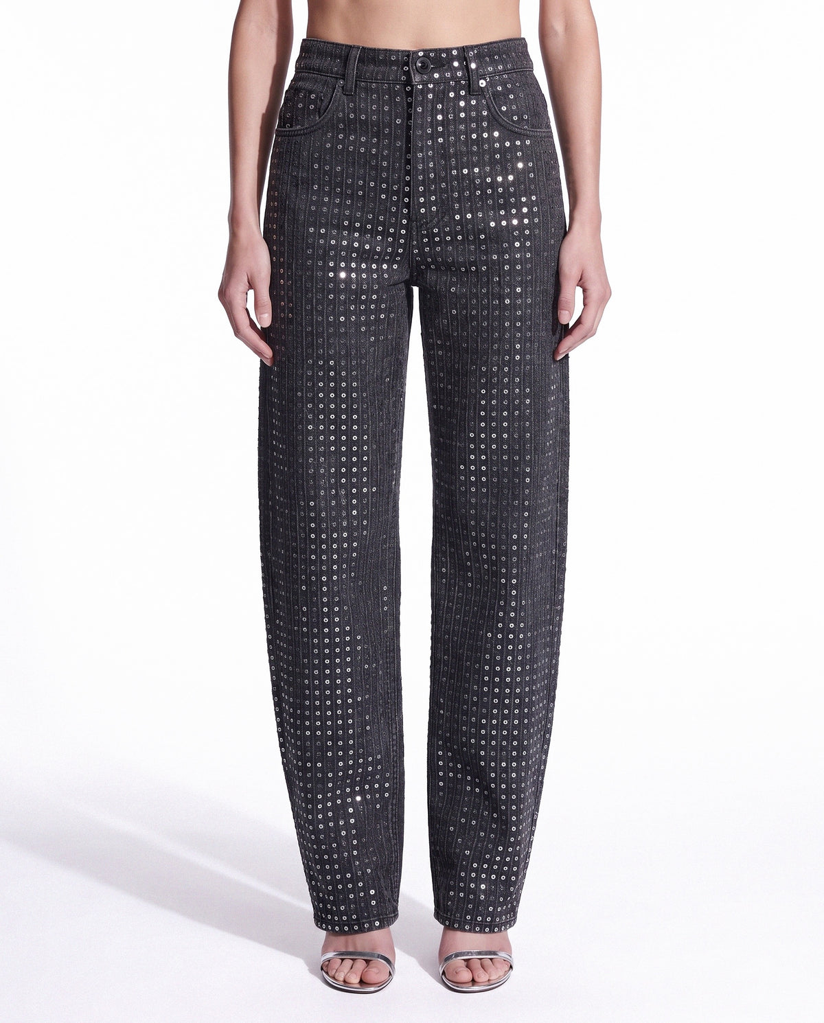 PANTALONE BARREL FIT IN DENIM WASHED CON PAILLETTES