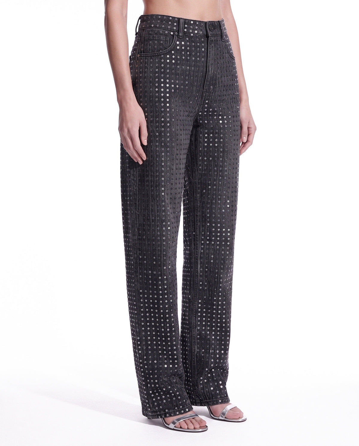 PANTALONE BARREL FIT IN DENIM WASHED CON PAILLETTES
