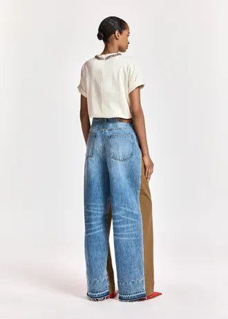 Brown and blue dual-fabric wide-leg pants