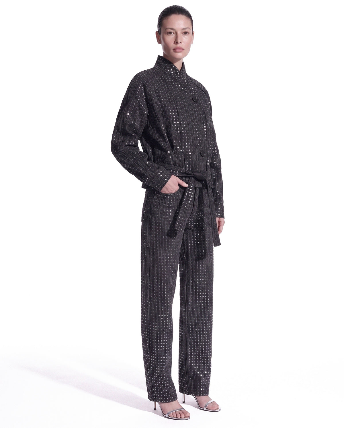 PANTALONE BARREL FIT IN DENIM WASHED CON PAILLETTES