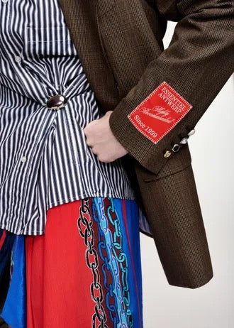 Brown, black and cream checked double-breasted blazer