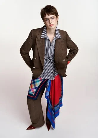 Brown, black and cream checked double-breasted blazer