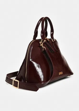 Brown patent-faux leather handbag