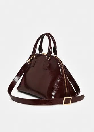 Brown patent-faux leather handbag