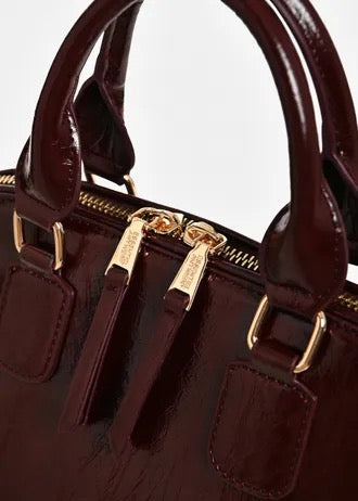 Brown patent-faux leather handbag