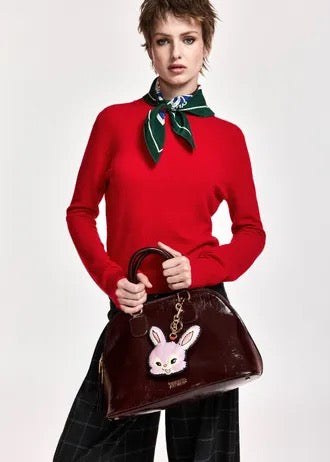 Brown patent-faux leather handbag