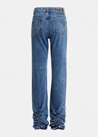 Blue organic cotton straight-leg jeans with ruched hem and detachable chain detial