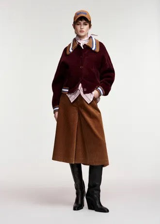 Burgundy cardigan with brown, blue and off-white embellished collar