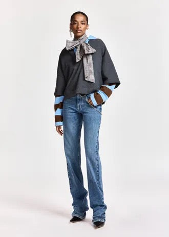 Blue organic cotton straight-leg jeans with ruched hem and detachable chain detial