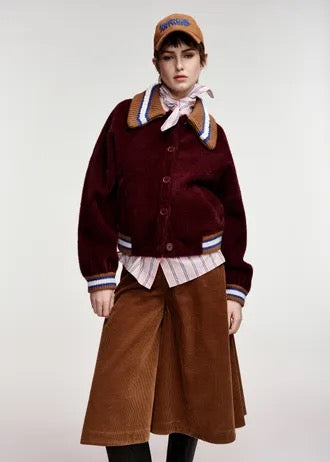 Burgundy cardigan with brown, blue and off-white embellished collar