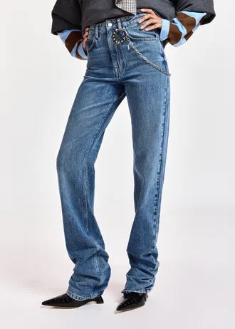 Blue organic cotton straight-leg jeans with ruched hem and detachable chain detial