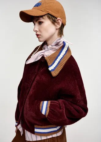 Burgundy cardigan with brown, blue and off-white embellished collar