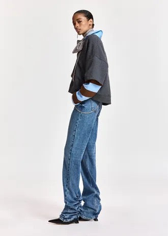 Blue organic cotton straight-leg jeans with ruched hem and detachable chain detial