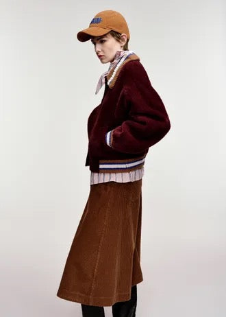 Burgundy cardigan with brown, blue and off-white embellished collar