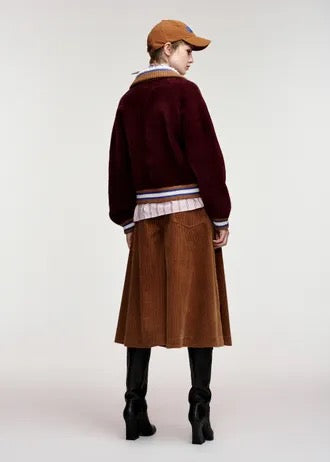 Burgundy cardigan with brown, blue and off-white embellished collar