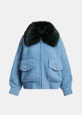 Light blue bouclé bomber with dark green removable faux fur collar