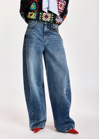 Blue cotton barrel-leg jeans