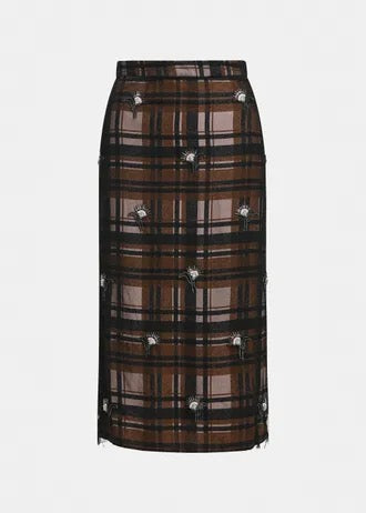 Khaki, black and light brown floral-embellished tulle midi skirt
